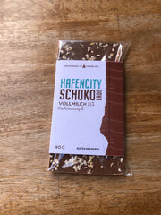 Hafencity-Schokolade, Vollmilch 33%, Haselnuss, handgeschöpft